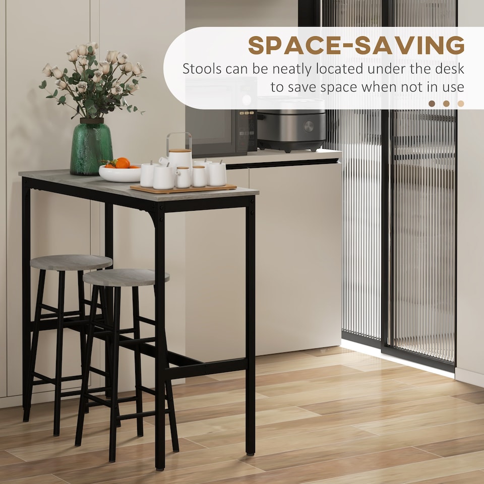 image 1 of HOMCOM 3 Piece Bar Table Set with 2 Stools, Industrial Bar Table and Stool Set, Dining Table and Chair Set for Small Space, Grey