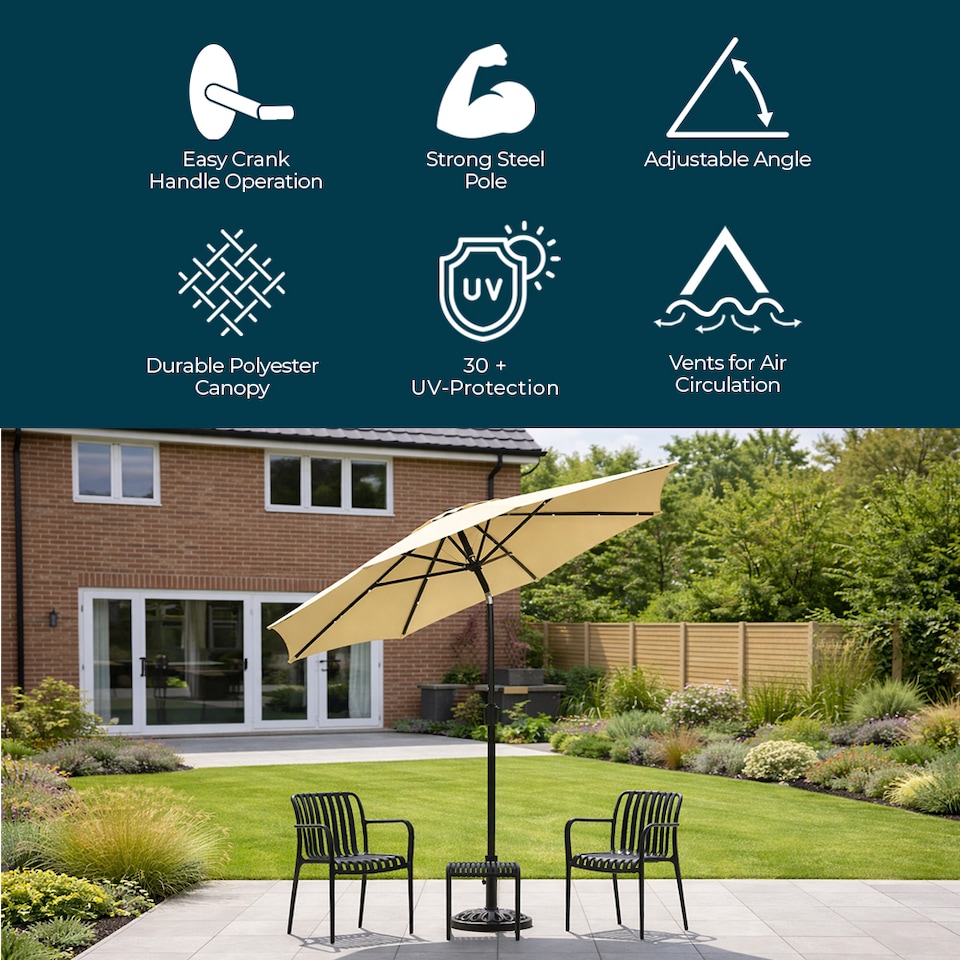 image 1 of JSH 2.7m Straight Tilting Garden Parasol - Beige Outdoor Round Patio Sunshade with UV 30+ Protection & Crank Handle Umbrella