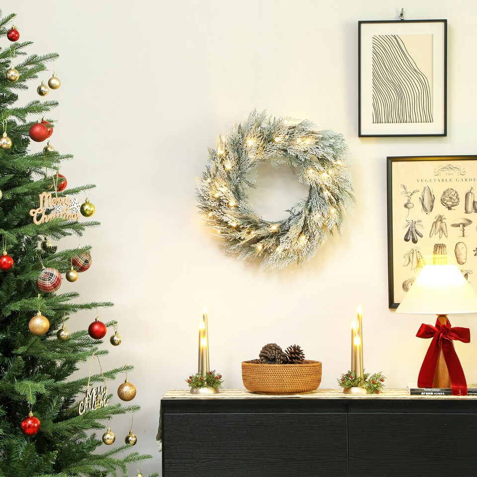 image 1 of HOMCOM 60 cm Prelit Christmas Wreath, Flocked Front Door Wreath with Timer