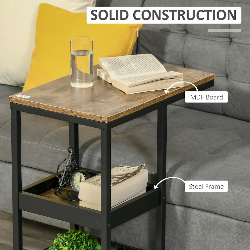 image 1 of HOMCOM C-Shaped Mobile Couch Bed Side Table w/ 3-tier Storage Shelf - Brown Brown