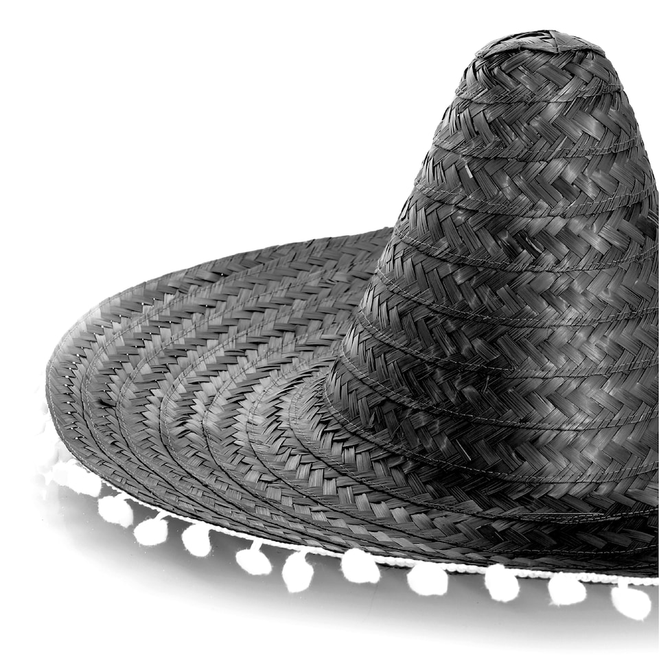 image 1 of Adult Black Pom-Pom Sombrero – Fancy Dress Mexican Hat | Black | 3