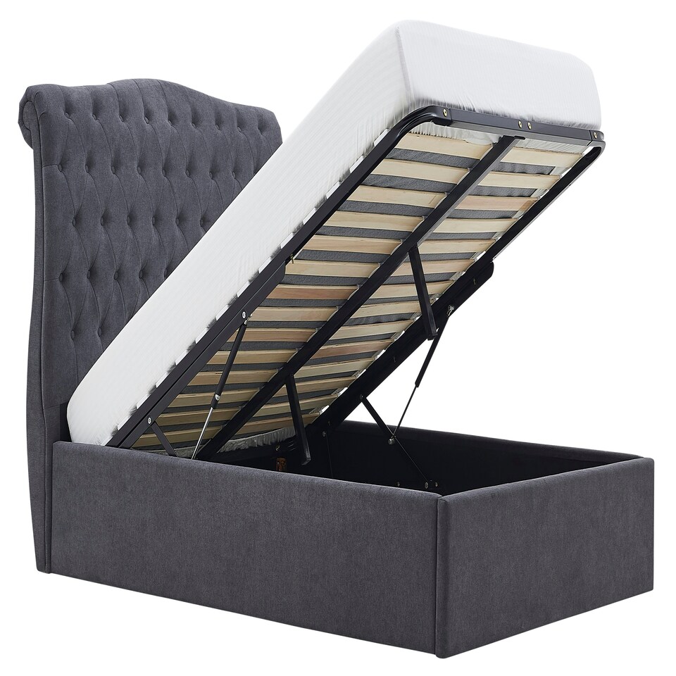 image 1 of 5ft King Size Ottoman gas liftup storage bed frame,fabric upholstered, dark grey,buttoned back,curved bed frame,bedstead
