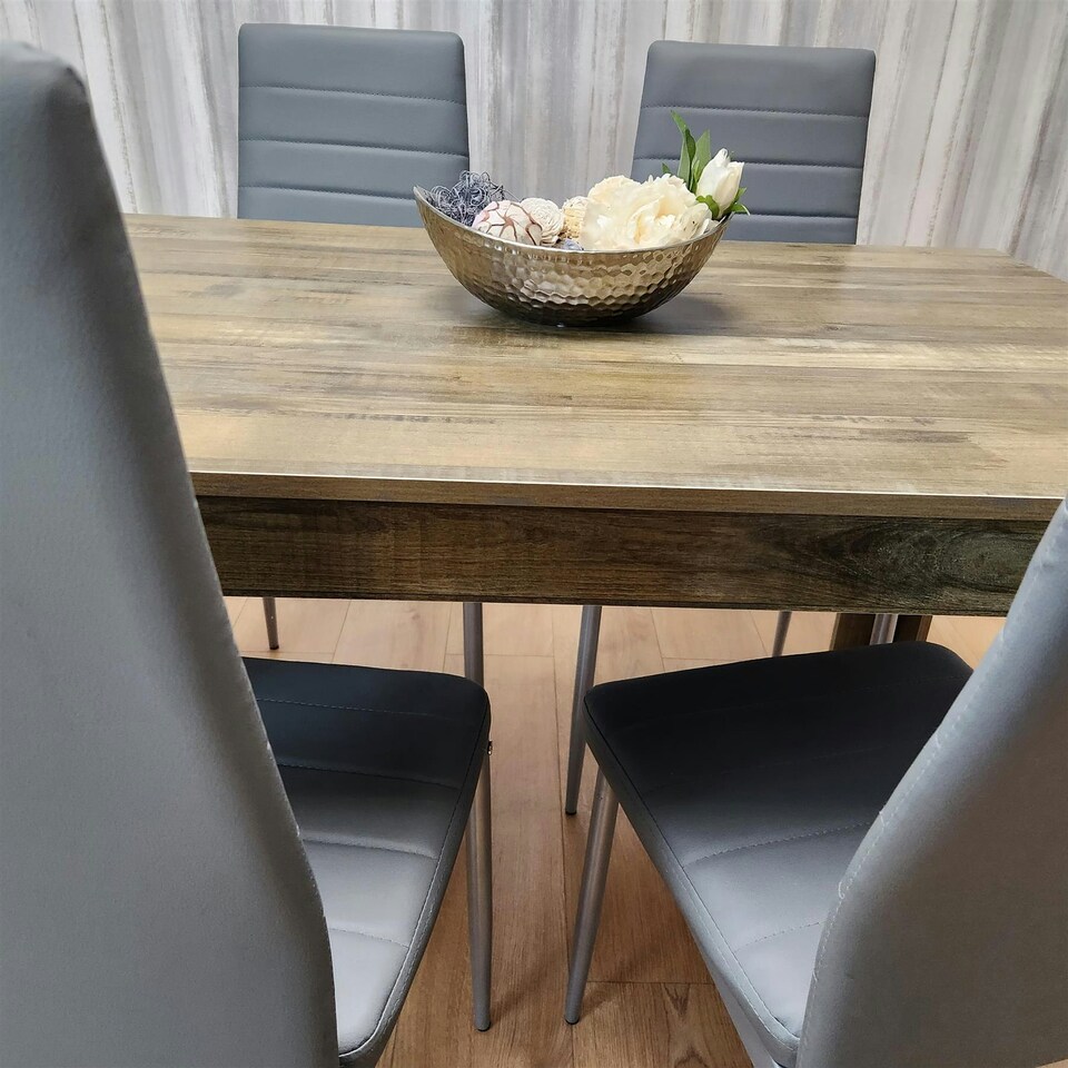 image 1 of Dining Table and 4 Chairs Rustic Effect Wood Table 4 Grey Leather Chairs Dining Room Brown
