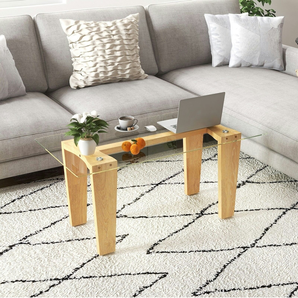 image 1 of COSTWAY Rectangle Coffee Table Tempered Glass Top Center Table Brown