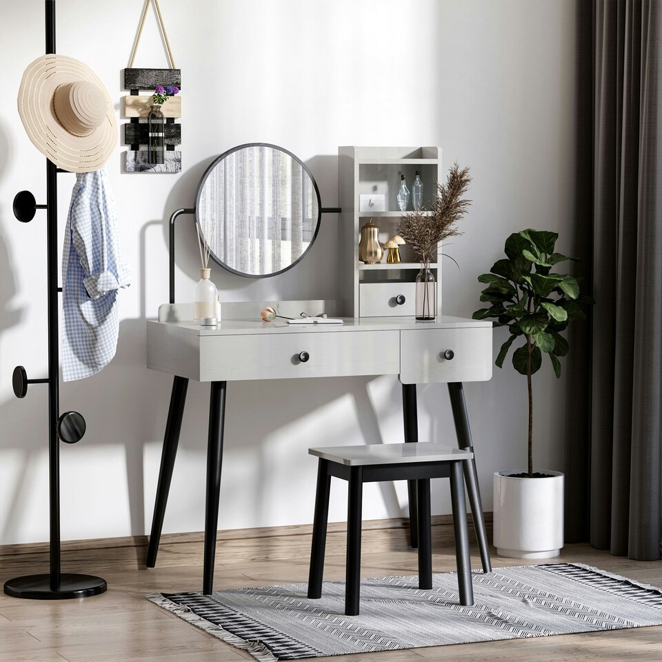 image 1 of HOMCOM Dressing Table Set with 3 Drawers, Storage shelves and Stool, Grey