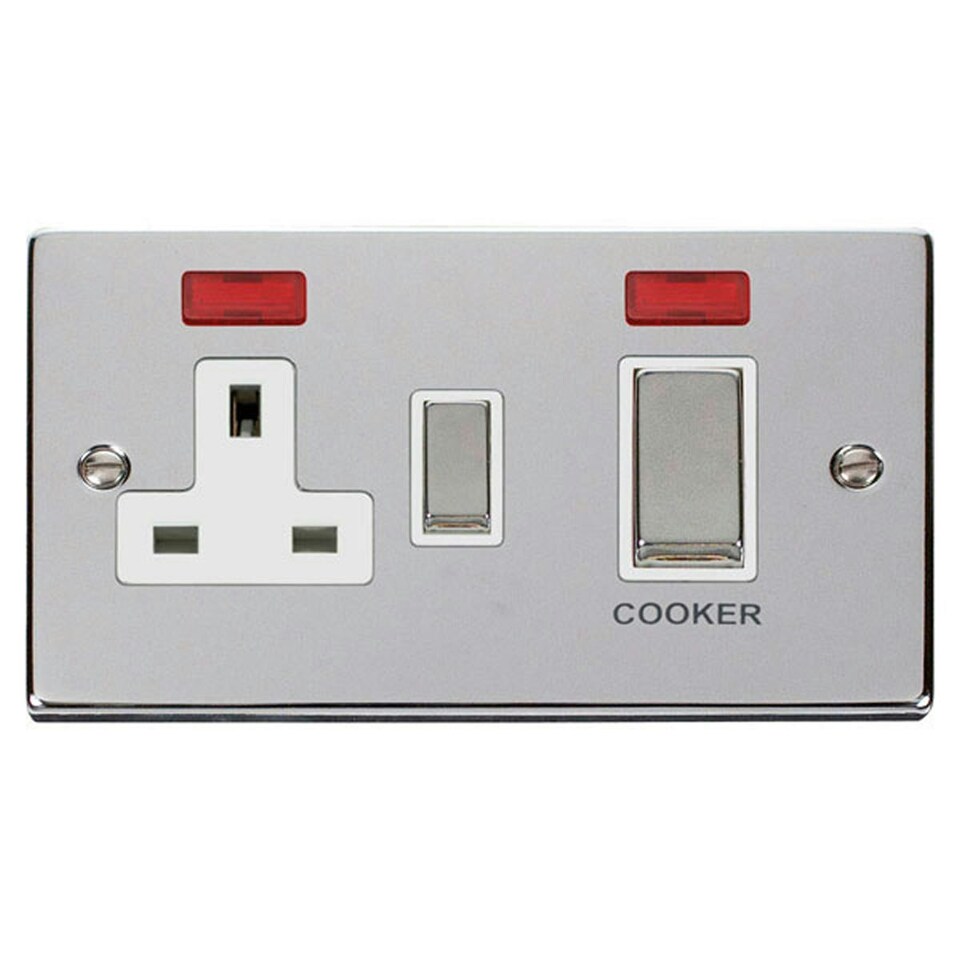 SE HOME Polished Chrome Cooker Control Ingot 45A With 13A Switched Plug Socket & 2 Neons White | Polished Chrome