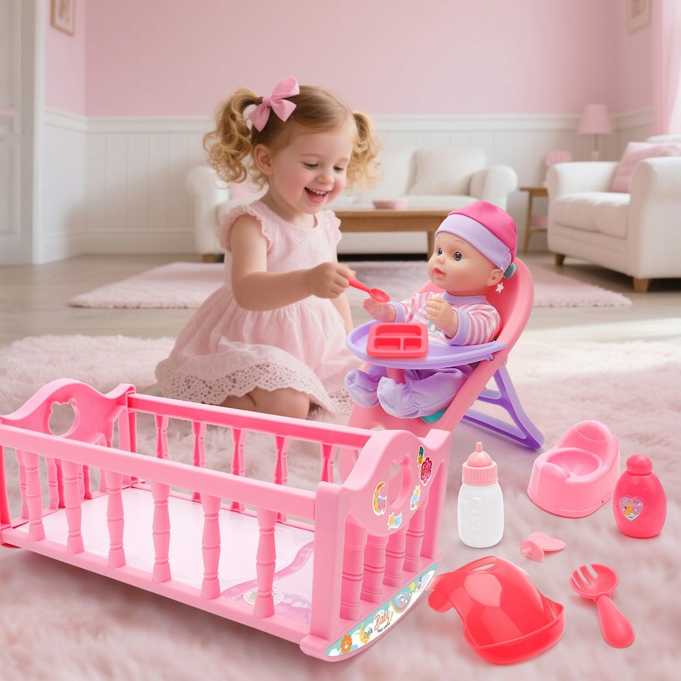 image 1 of 13 Inch Baby Doll Play Set My First Baby Doll with Swinging Crib High Chair and Feeding Accessories Pretend Play Girls Toys