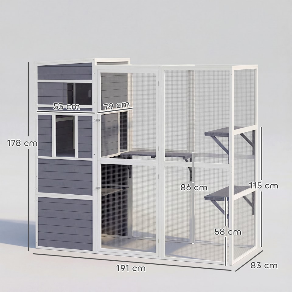 image 1 of PawHut Wooden Catio with Spacious Resting Rooms, 3 Platforms, Window, Grey