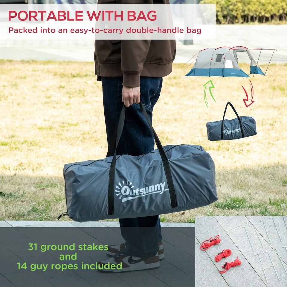 image 1 of Outsunny 6-8 Person Tunnel Tent, Two-room Camping Tent with Carry Bag, Grey