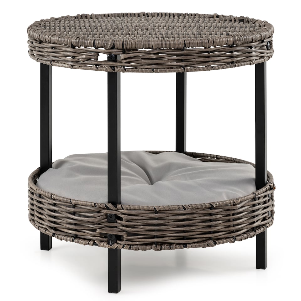 image 1 of COSTWAY 2-tier Rattan Cat Nest Wicker Kitten House Raised Kitty Bed-Grey
