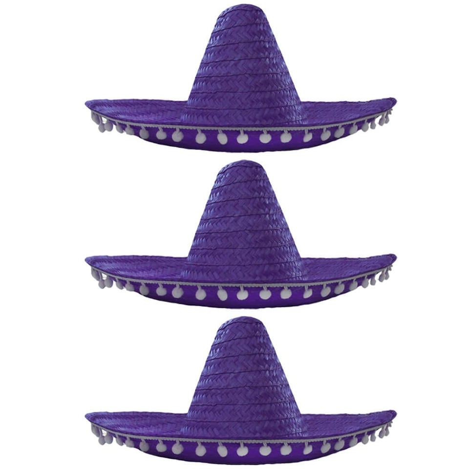 image 1 of Pack of 3 Purple Mexican Sombrero with Pom Pom Edging Purple | One Size