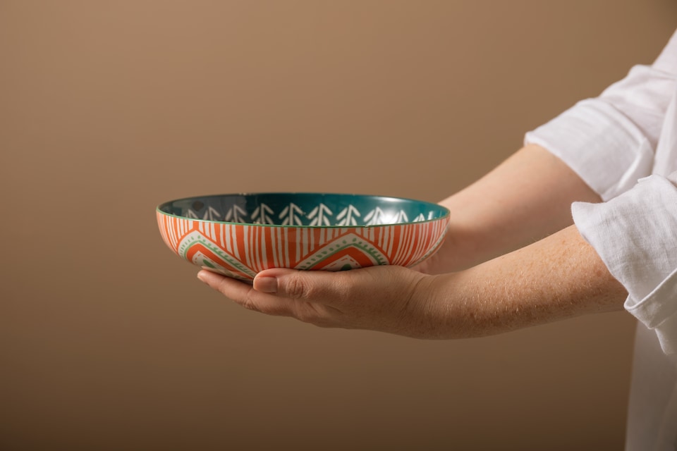 image 1 of Mikasa Set of 4 Folk Pattern 2 Toned Stoneware Pasta Bowls