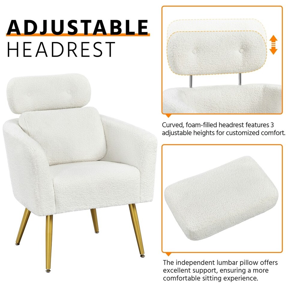 image 1 of Yaheetech Boucle Barrel Accent Chair with Adjustable Headrest and Lumbar Pillow White