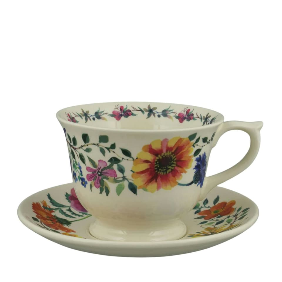 Tea Cup and Saucer: 1 x 300ml Emma Bridgewater Garden Flowers Teacup and Saucer, Ceramic White