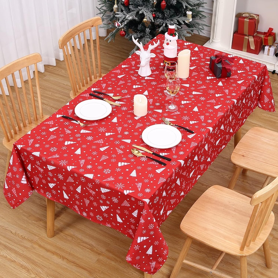 image 1 of London Boutique Christmas Tablecloth, Waterproof Wrinkle‑Free, Snowflake Tree and Reindeer Print, Red, 54 x 70 in