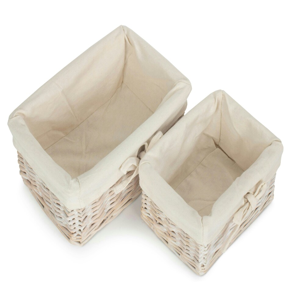 image 1 of Set of 2 White Wash Finish Cotton Lined Willow Tray White