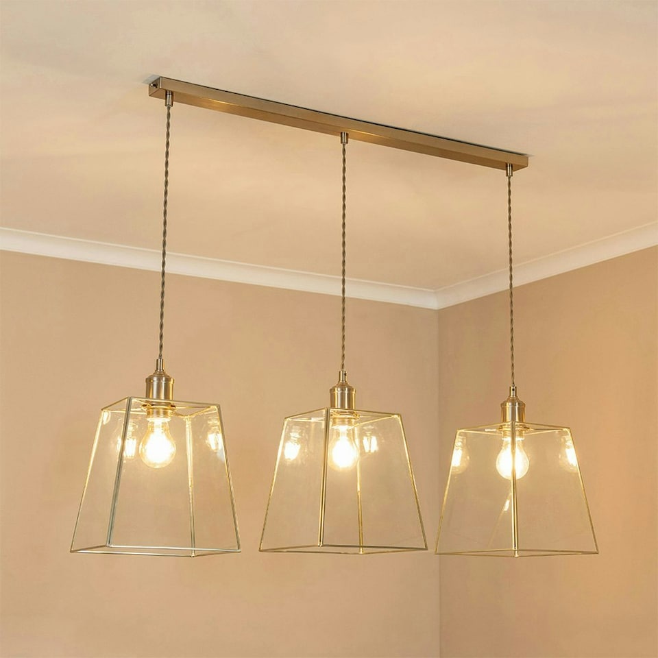 image 1 of ValueLights Susie Glass Lantern Lamp Shade 3 Drop Brushed Chrome Diner Ceiling Pendant Light Silver