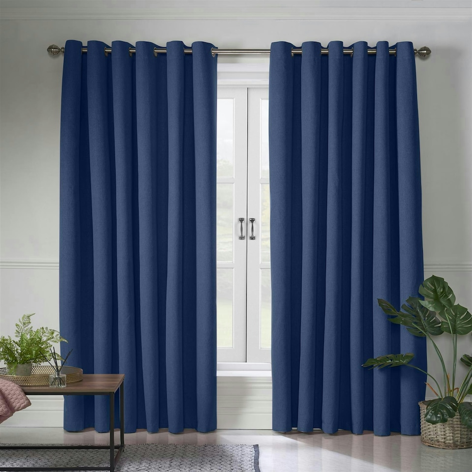 image 1 of Linen Look Blackout Ring Top Eyelet Curtains - 229cm x 137cm - Blue