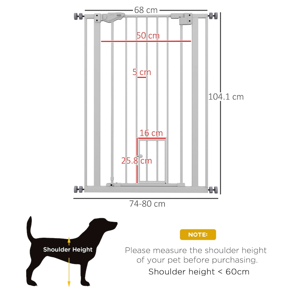 image 1 of PawHut Extra Tall Dog Gate with Cat Door Auto Close for Stairs 74-80 cm Wide