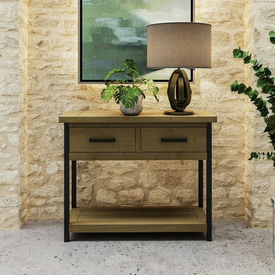 image 1 of Lowry 2 Drawer Console Table Driftwood Lacquered Solid Reclaimed Pine Brown