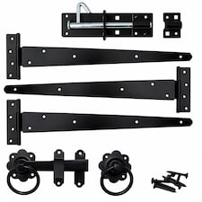 Garden Side Gate Fixing Kit 3x Tee Hinges Ring Latch & Brenton Bolt Set Black Powder Coated