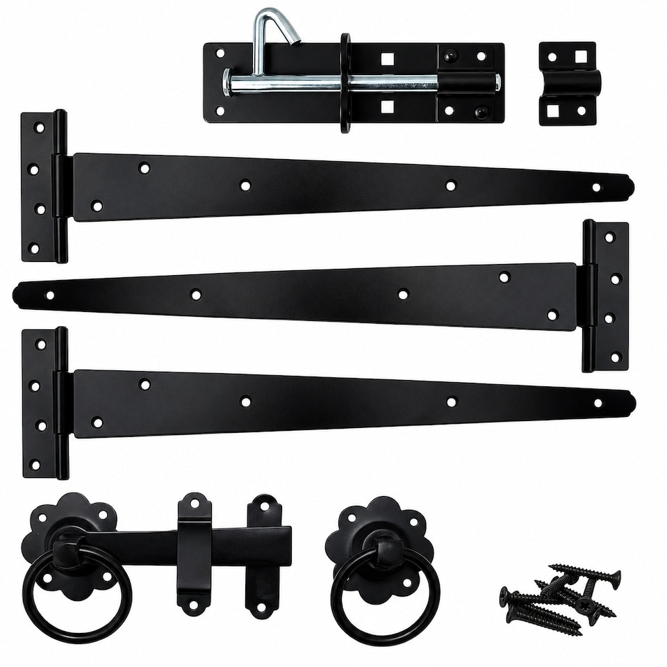 image 1 of Garden Side Gate Fixing Kit 3x Tee Hinges Ring Latch & Brenton Bolt Set Black Powder Coated