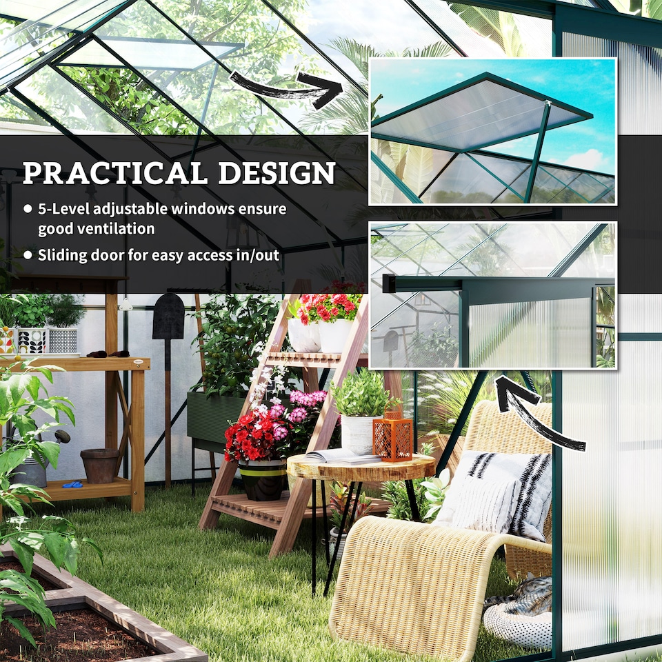 image 1 of Outsunny 8x12ft Polycarbonate Walk-in Greenhouse Outdoor w/ Double Sliding Door | Clear