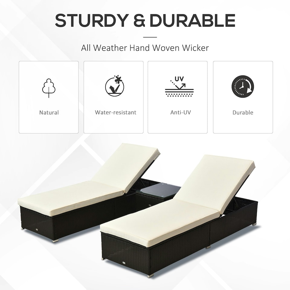 image 1 of Outsunny 3 Pieces Sun Lounger Rattan Furniture Recliner Wicker Brown Garden