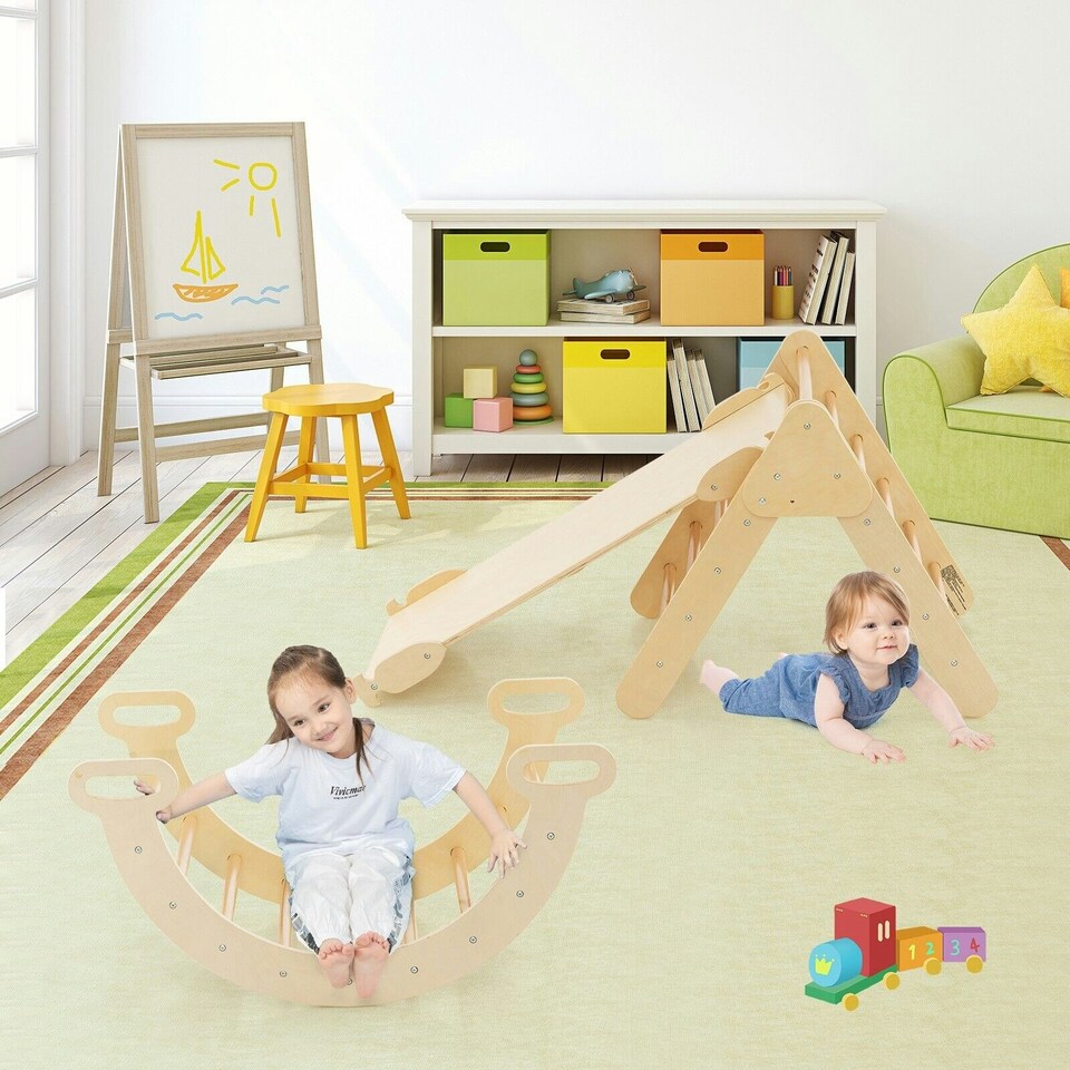 image 1 of COSTWAY 3-in-1 Triangle Wooden Toddler Climber Ramp Arch