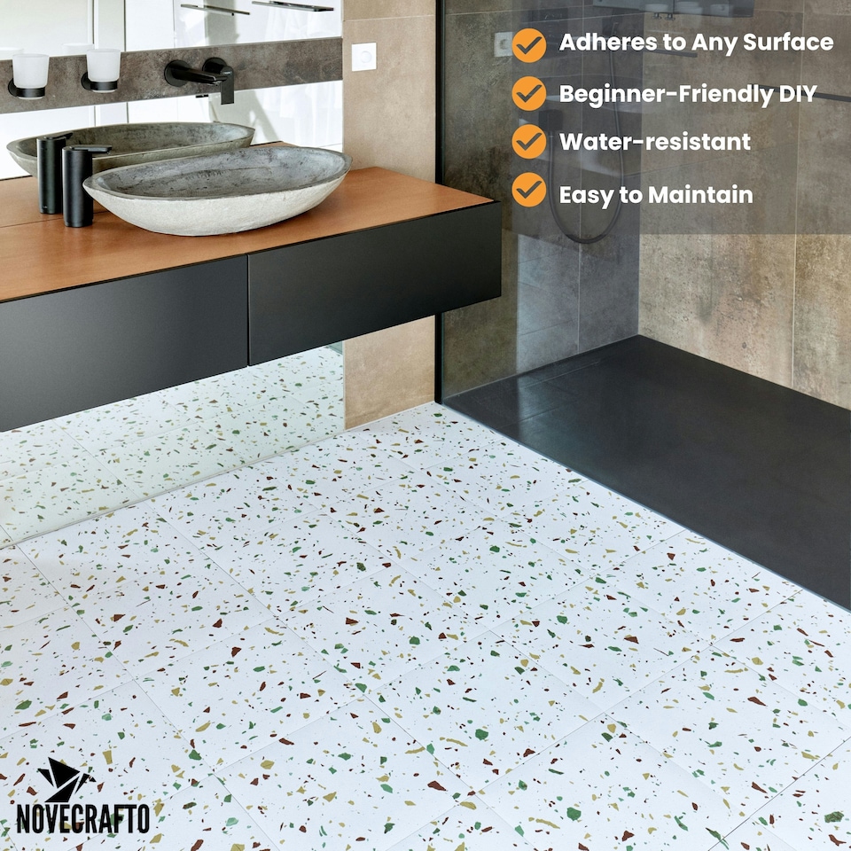 image 1 of NOVECRAFTO Vinyl Floor Tiles Self Adhesive – 12x12in Peel and Stick Flooring for Kitchen, Bathroom & Living Room – White Terrazzo Look with Flecks White | 4.65 sqm