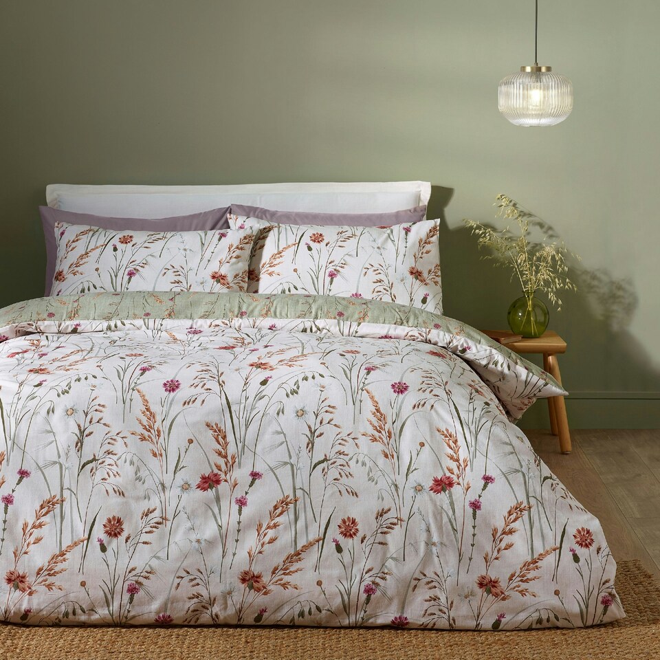 image 1 of Catherine Lansfield Brushed Grasmere Floral Cotton Reversible Duvet Cover Set Green Green | King