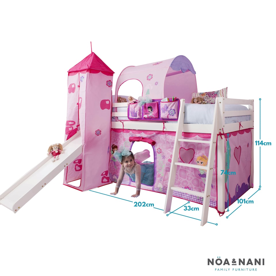 image 1 of Moro Kids Cabin Bed Midsleeper with Slide & Fairies Tent ,Tower & Tunnel in White