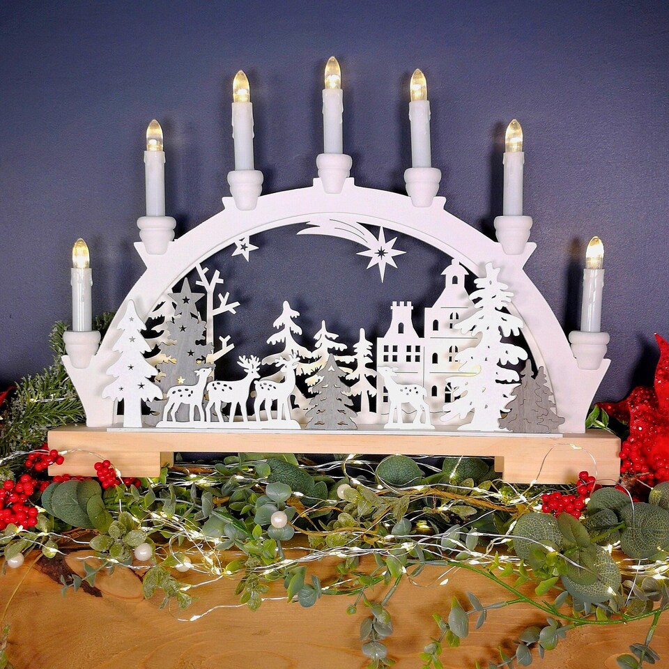 image 1 of 45cm Battery Operated Warm White LED Wooden Arch Reindeer Scene Candle Bridge Christmas Decoration