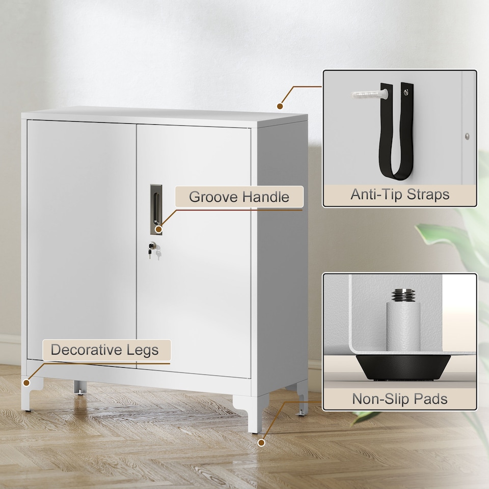 image 1 of HOMCOM Lockable Metal Filing Cabinet, 2-Tier Storage Cupboard | White | White | 80 x 35 x 91 cm