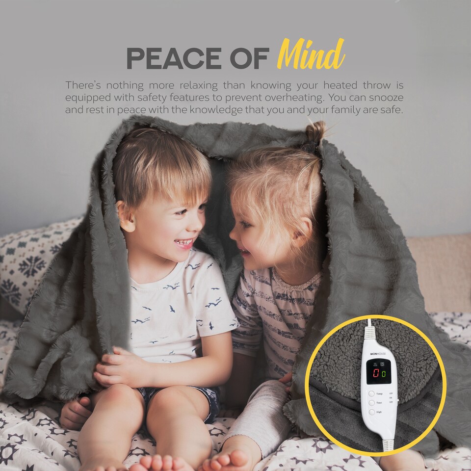 image 1 of Monhouse Heated Throw - Electric Blanket - Digital Controller - 9H Timer, 9 Heat Settings, Auto Shutoff - Single 130X160Cm | Grey | Dark Grey Shearling | 1