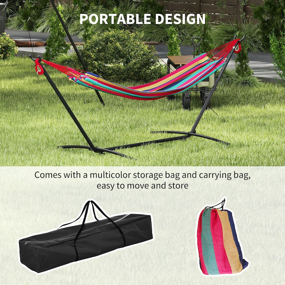 image 1 of Outsunny 298 x 117cm Hammock with Metal Stand Carrying Bag 120kg Multicolour | Multi | Multicolour stripe | L