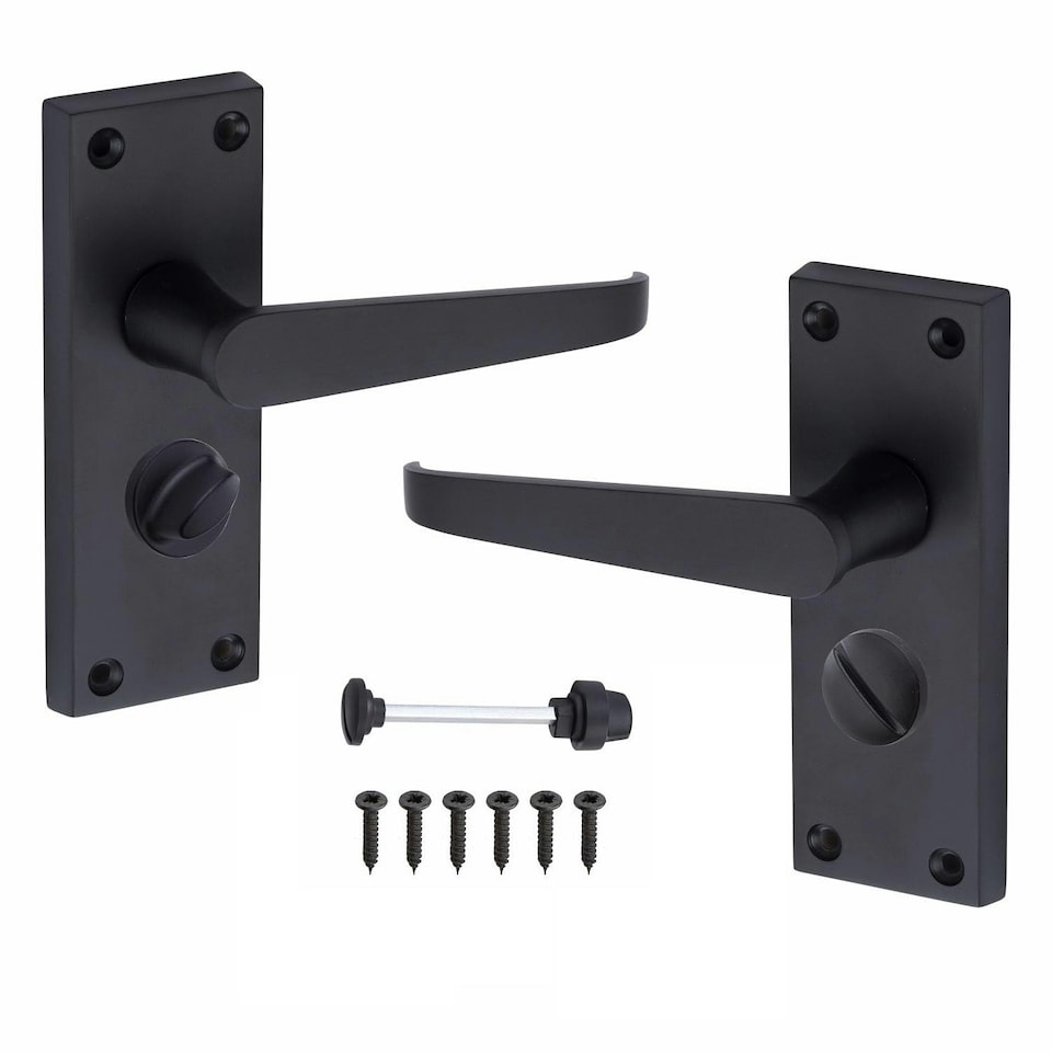image 1 of Golden Grace Victorian Straight Handle Door Handles in Matt Black, Privacy Pack - 120mm, 1 Pair of 3" Ball Bearing Hinges and 63mm Latch | Black | 1 Set