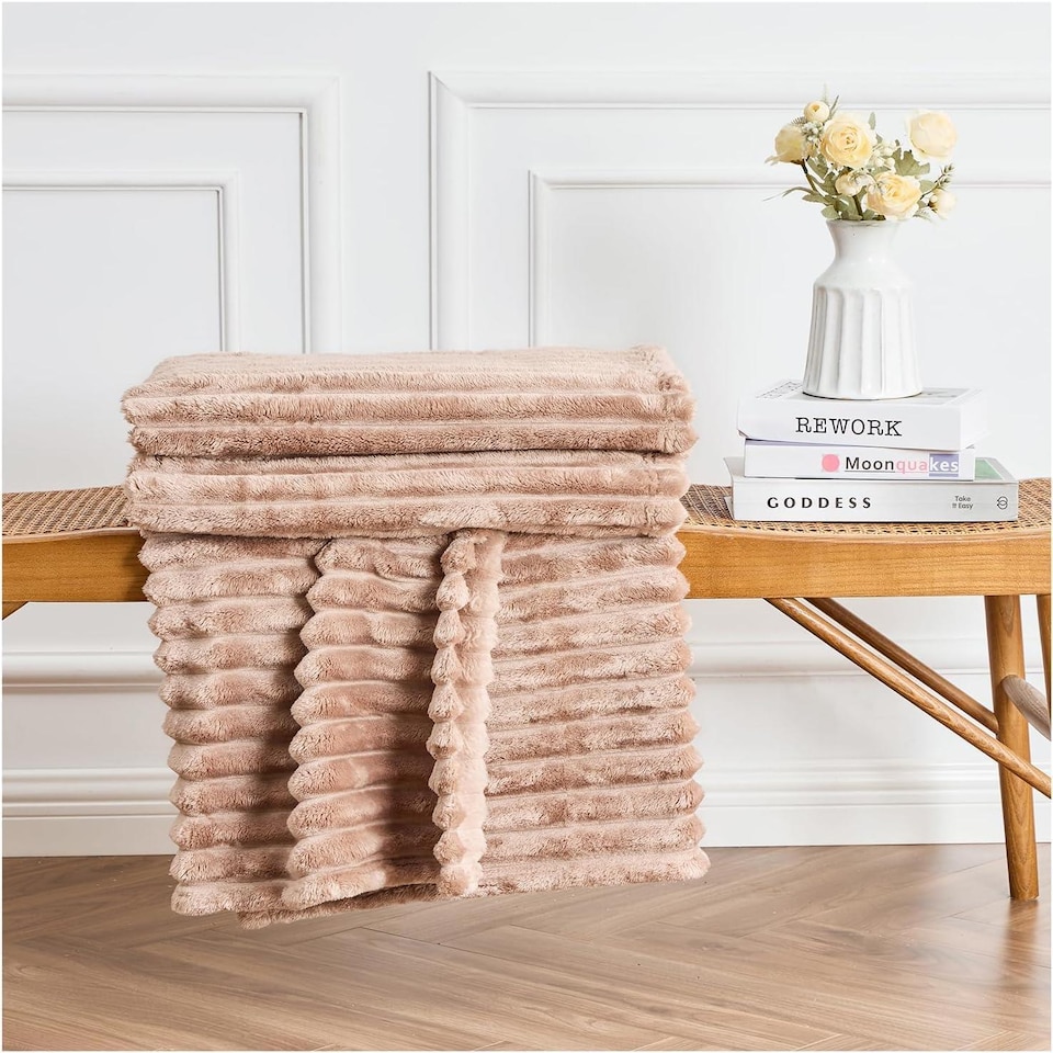 image 1 of Ribbed Jacquard Fleece Blanket Throw 200x240cm - Soft & Cosy Bed Throw