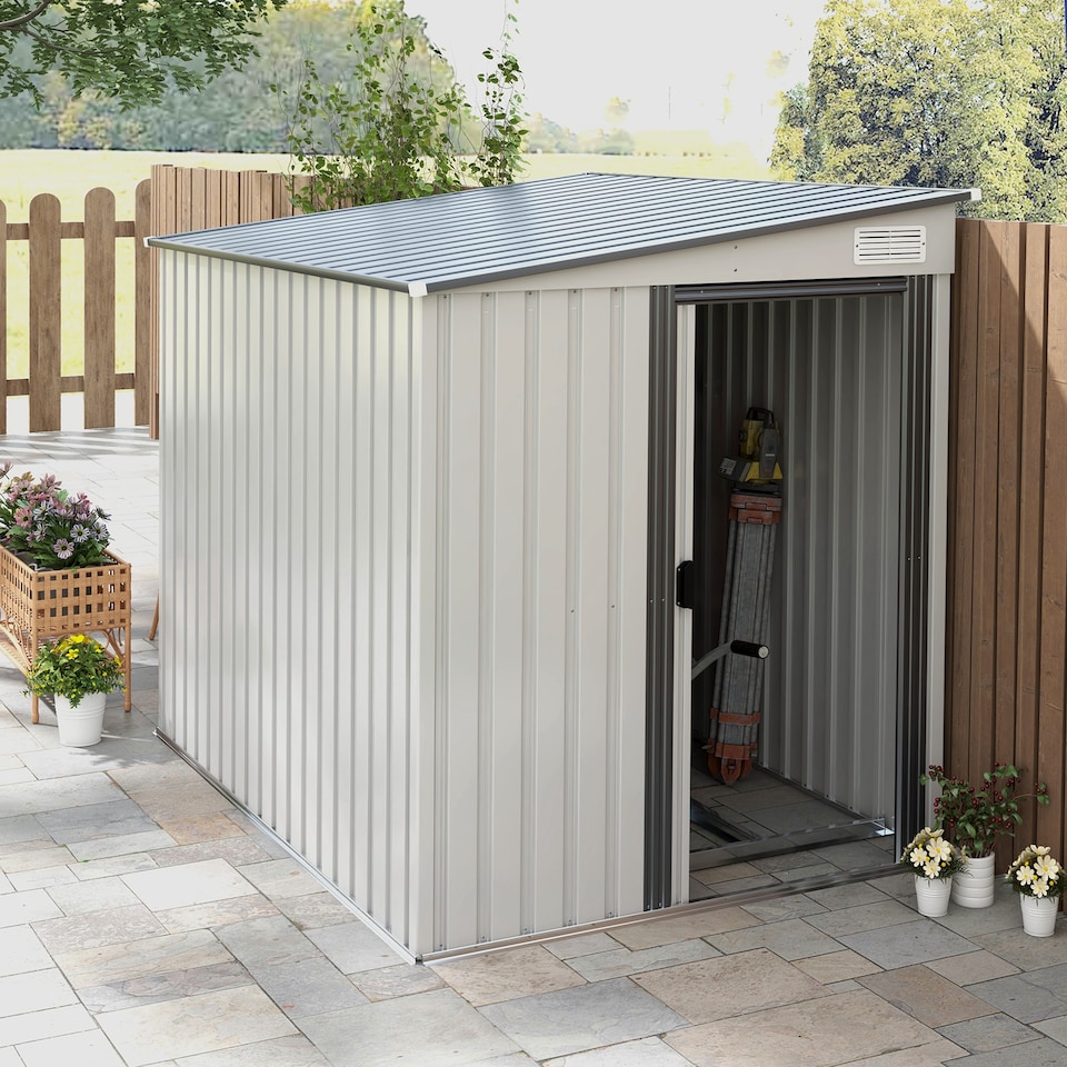 image 1 of Outsunny 7 x 5FT Galvanised Metal Garden Shed with Foundation, Lean to Shed, Tool Storage House with Sliding Doors, 2 Vents, Adjustable Shelves and Hooks, White