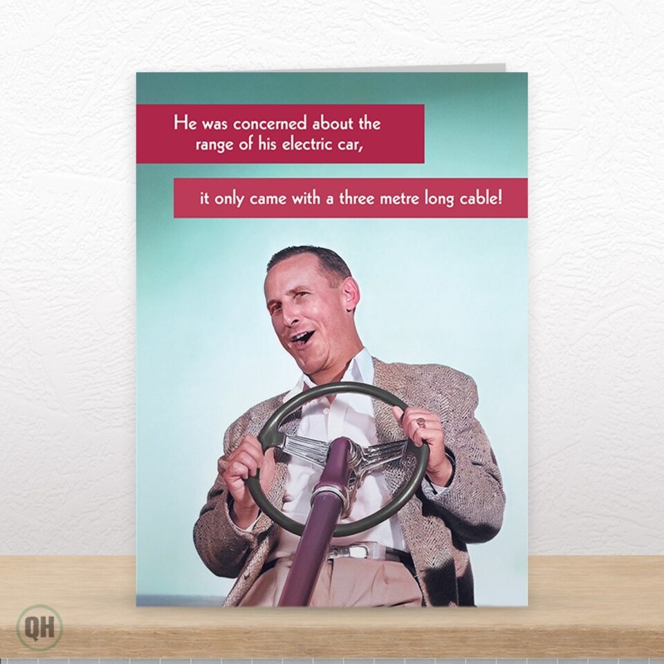 image 1 of Concerned About The Range Of His Electric Car... - Funny Retro Greetings Card