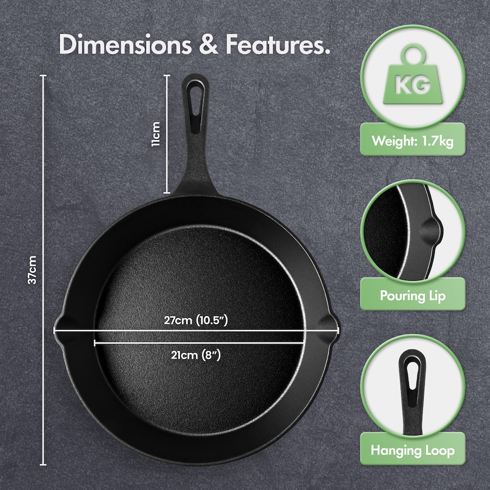 image 1 of VonShef Cast Iron Skillet 10", Pre-Seasoned Non-Stick