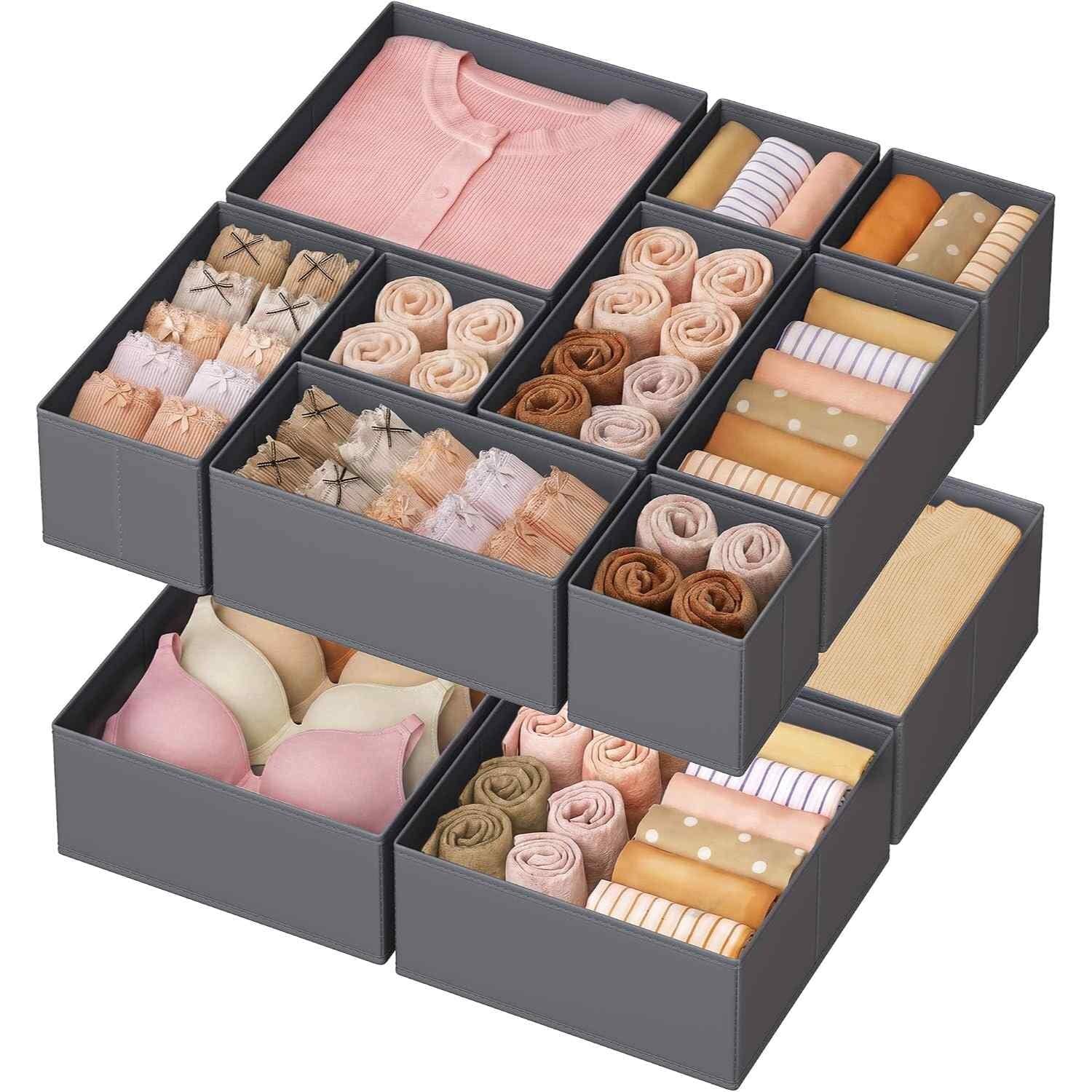 Fabric Drawer Organiser Set of 12, Foldable Storage Boxes for Socks, Bras and Accessories, Slate Grey