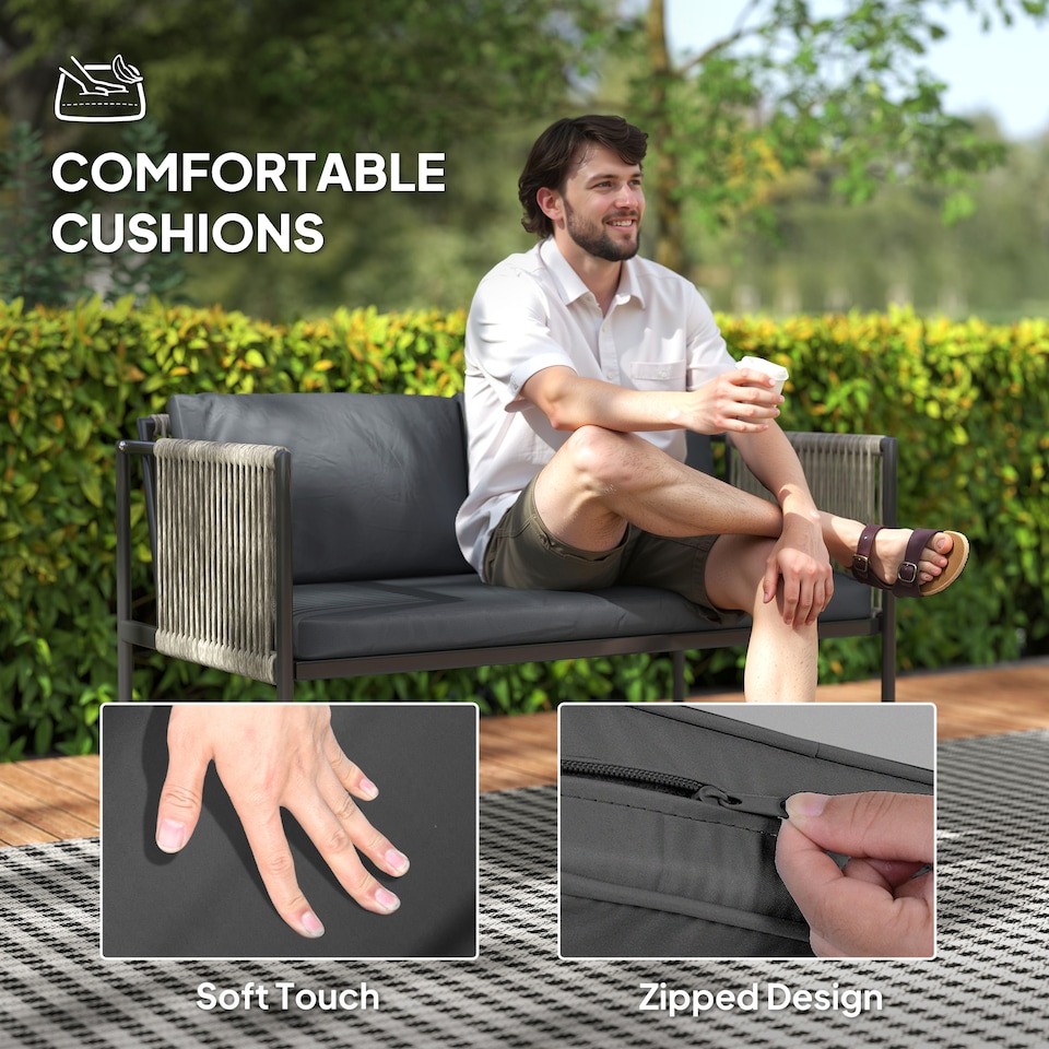 image 1 of Outsunny 4 Piece Rattan Garden Furniture Set, 4 Seater Wicker Outdoor Furniture Set with 2 Armchairs, Loveseat, Glass Top Coffee Table and Cushions for Balcony, Porch, Grey