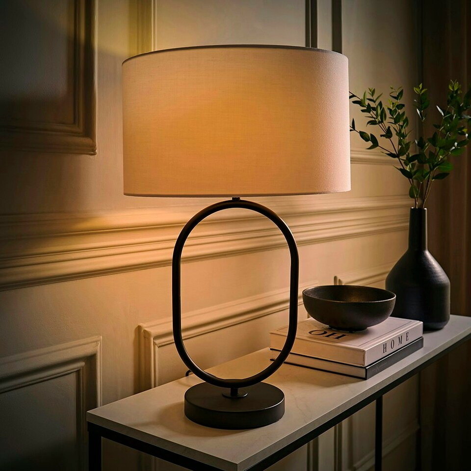 image 1 of ValueLights Antonia White Fabric Drum Lamp Shade Matte Black Oval Table Lamp with LED Bulb Black