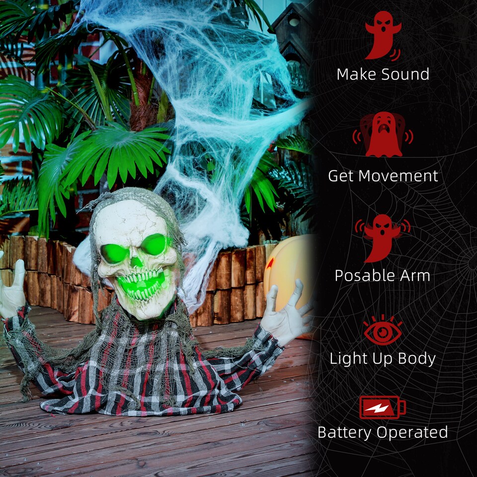 image 1 of HOMCOM 70c8 Groundbreaker Skeleton Outdoor Halloween Decoration, Halloween Animatronic with Sound Activated, Light Up Eyes, Sound Effects, Animated Prop for Haunted House