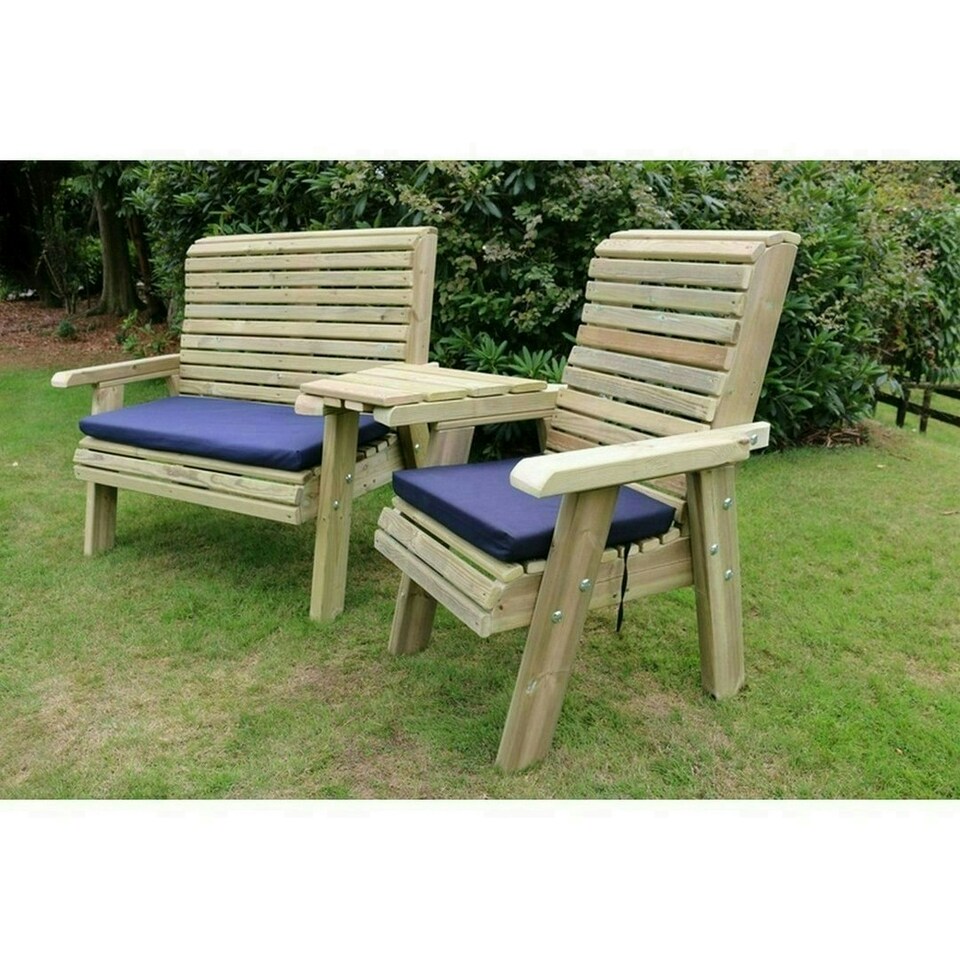 image 1 of Ergonomic Trio Set Wooden Garden Bench & Chair Set - L75 x W220 x H105 cm - Fully Assembled - Set of Waterproof Cushions Included