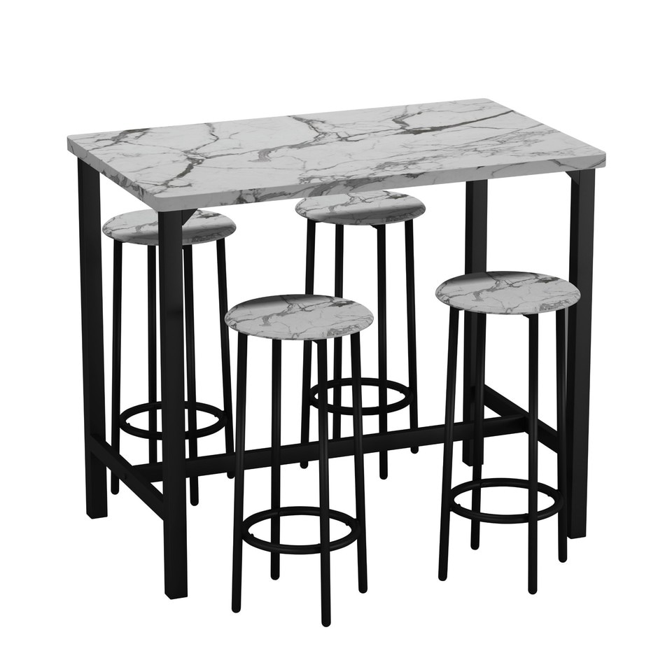 image 1 of CANCUN Bar Table & Stools Set Kitchen Dining Breakfast Industrial Furniture | Multi | 5 Piece White Marble