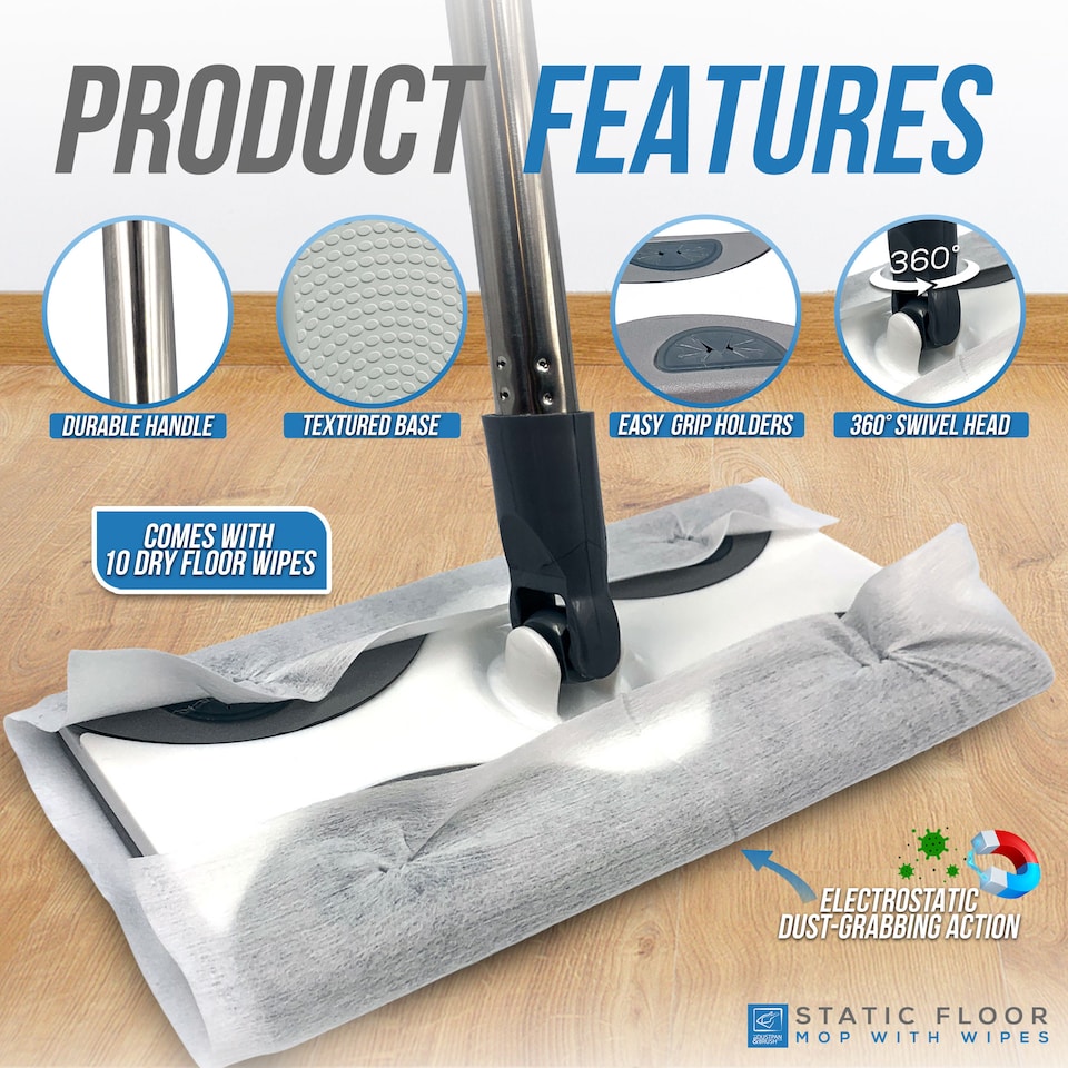 image 1 of Static Floor Sweeper Mop Kit Swivel Head Mop with 10 Dry Wipes for Wood Tile & Laminate