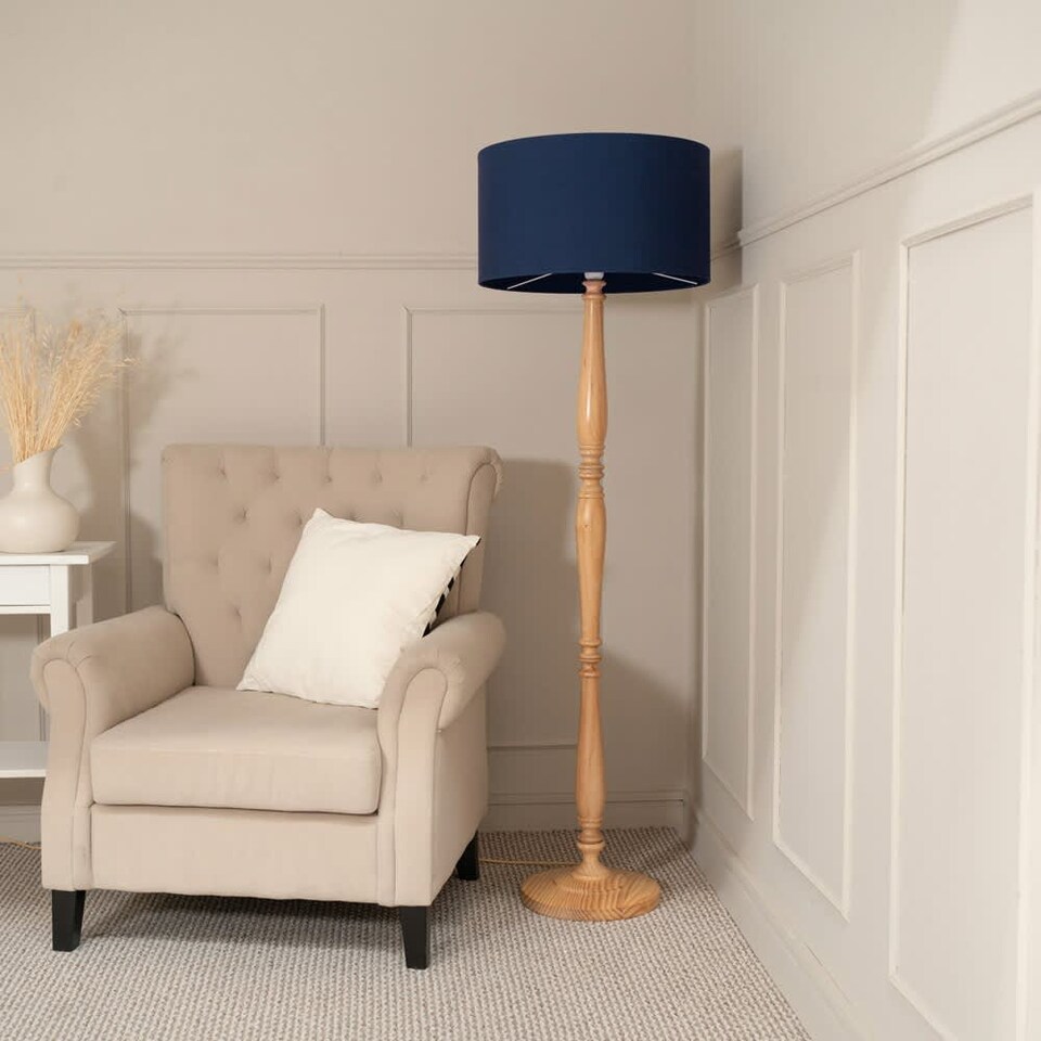 image 1 of ValueLights Victoria Light Wood Floor Lamp Navy Blue Shade and Bulb