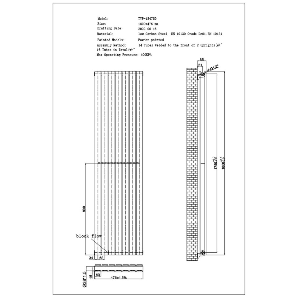 image 1 of Typhoon Axis Horizontal Double Panel Bathroom Radiator - White (H) 476mm x (W) 1800mm